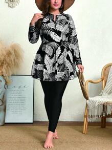 Swim Mulvari Plus Size Women 2 Pieces Random Color Print Long Sleeve Round Neck Zipper Long Modest Slim Fitted One-Piece Backless Bikini Swimsuit For Vacation For Summer - Multicolor - View 5