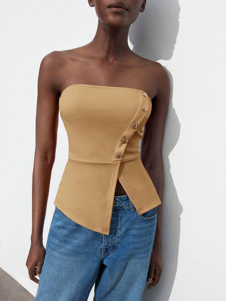 SHEIN Maija 2025 Summer New Brown Crop Top, Asymmetrical Cutting, Metal Button Decor, Thigh-High Slit Design, Women Business Casual Top, Suitable For Daily, Resort, Wedding Guest, Concert, Brunch, Airport, 90s Vintage, Stockholm Style, July 4th