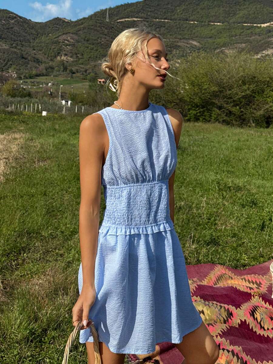 SHEIN EZwear Women's Solid Color Scoop Neck Casual Sleeveless Short Dress - Blue - View 1