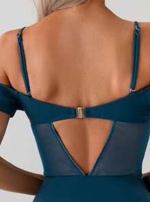 Swim Basics Traje de baño de una pieza para mujer con hombros descubiertos, manga corta, tejido de malla y efecto de corset