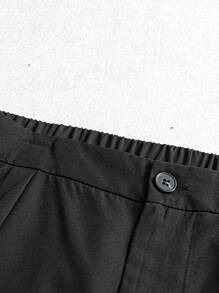 SHEIN Clasi Conjunto de 2 piezas para mujer talla grande: top de color liso con cuello de solapa, mangas abullonadas y cintura anudada + shorts holgados plisados con cremallera frontal lisa, atuendo casual/de trabajo - Negro - Ver 6