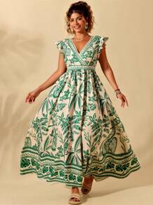 Breezaya Vestido de mujer de talla grande, elegante y casual, de estilo europeo y americano, con cuello en V y cruce en la cintura, falda ancha, adecuado para diversas ocasiones como salidas, citas, vacaciones, reuniones casuales, conmuta. Tela cómoda