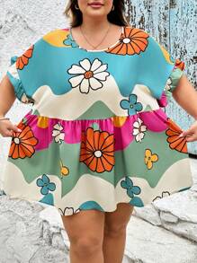 SHEIN CURVE+ Plus Size Colorblock & Floral Print Button-Up Shirt, Summerbeach Outfits For Woman/Beach Dress/Beach Vacation Outfits/Beach Essentials / Graduation/Tea Party Dress