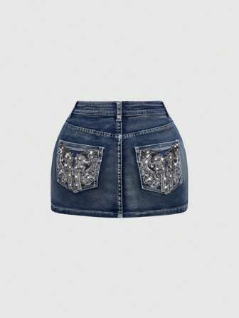 J-Fashion Minigonna in denim da donna di taglia grande, in stile vintage Y2K, vita bassa, decorata con ricamo di pistola e strass