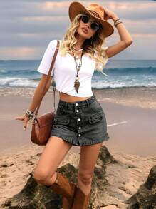 SHEIN LUNE Pantaloni pantaloni casual din denim cu nasturi în față pentru femei - Gri - Vizualizare 5