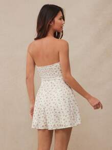 WESTFADE Ditsy Floral Printed Pointelle Knit Sweetheart Neck Bow Tie Front Smocked Back Strapless A-Line Mini Dress Casual Cute Boho Outfit, Fall, Back To School Clothes, Autumn, Winter, Country Concert Outfit, Western Wear For Women - Beige - View 5