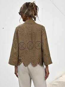 Aveloria Modichic French Elegant Elaborately Embroidery V-Neck Asymmetric Hem Long Sleeve Blouse For Women  - Chocolate Brown - View 6