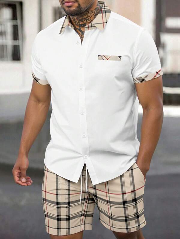 Manfinity Homme Men's Summer Casual Front Button Short Sleeve Shirt & Plaid Shorts 2-Piece Set Shirt Men Fashionable Summer Outfits For Men