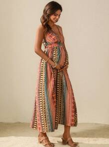 Boho Mama Maternity V-Neck Loose Allover Print Dress, Suitable For Summer Holiday
