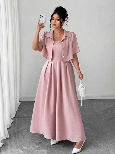 Elenzga Plus Size Elegant Women's Fashionable Versatile Artistic Style Elegant Lady Noble 2-Piece Set: Short Sleeve Jacket + Maxi Dress, Suitable For Summer, Back To School, Graduation, Holidays, Valentine's Day, Music Festivals, Mother's Day, Halloween, Thanksgiving, Easter, National Day, Balls, Dates, Parties, Outdoor Activities