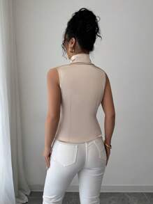 Elenzga New Satin Collar Slim Fit Sleeveless Women Tank Top - Champagne - View 2