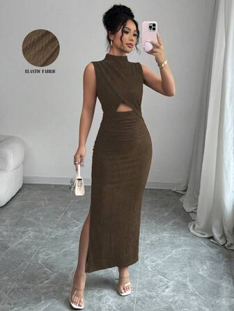 Rafferiza 女式黑色无袖立领镂空腰部纹理面料连衣裙