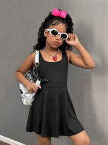 SHEIN Leap Crew Tween Girls' Black Fitted Jumpsuit, Sporty Casual Versatile Fashion - Black - View 3