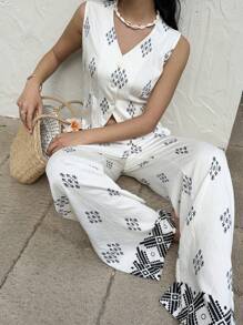 SHEIN Frenchy Conjunto informal de 2 piezas de estampado integral compuesto por top sin mangas y pantalones para vacaciones y estilo bohemio, atuendo de verano y para la playa para mujer