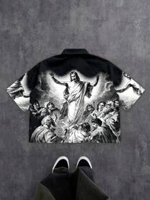 Manfinity ZONE917 Street Religion Gothic Jesus Missionary Scene All-Over Print Cropped Shirt Men's Cropped Tops