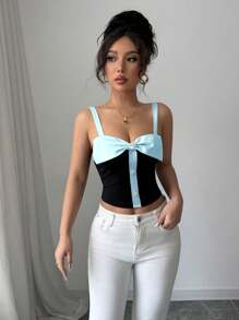 Elenzga Women Contrast Color Rhinestone Bow Decor Cropped Camisole