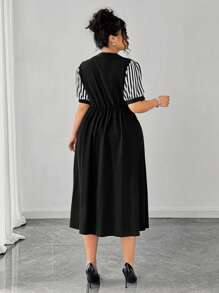 Elenzga 大码拼色条纹印花优雅短袖连衣裙 - 黑與白 - 查看 2