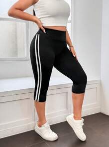 SHEIN EZwear 黑色休闲修身七分裤，大码 - 黑與白 - 查看 5