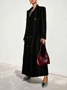 Aveloria Modichic Women's Oversized French Classic Vintage Textured Black Fabric Double Breasted Long Jacket With Padded Shoulders, Work Uniform Outerwear For Autumn  Fall Winter Cloth For Women - Black - View 4