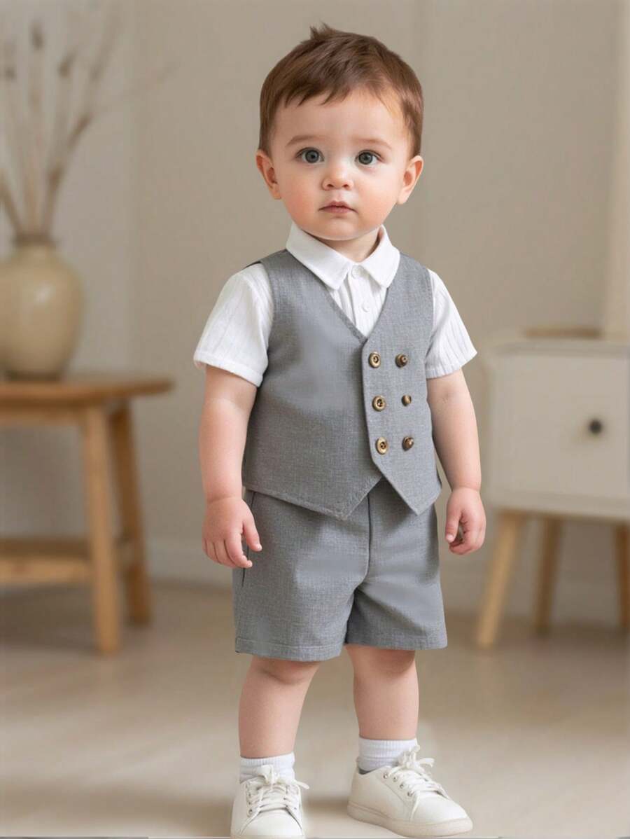 Set de 2 piezas con chaleco y pantalones cortos grises con botonadura doble informal y estilo coreano para niño/niña, adecuado para fiesta de cumpleaños, fiesta de noche, actuación, boda, celebración del mes, bautizo y primer cumpleaños, fiesta de bebé