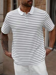Manfinity Homme Plus Size Men's Casual Striped Button-Up Half Placket Short Sleeve POLO Shirt, Summer