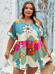 SHEIN CURVE+ Plus Size Colorblock & Floral Print Button-Up Shirt, Summerbeach Outfits For Woman/Beach Dress/Beach Vacation Outfits/Beach Essentials / Graduation/Tea Party Dress
