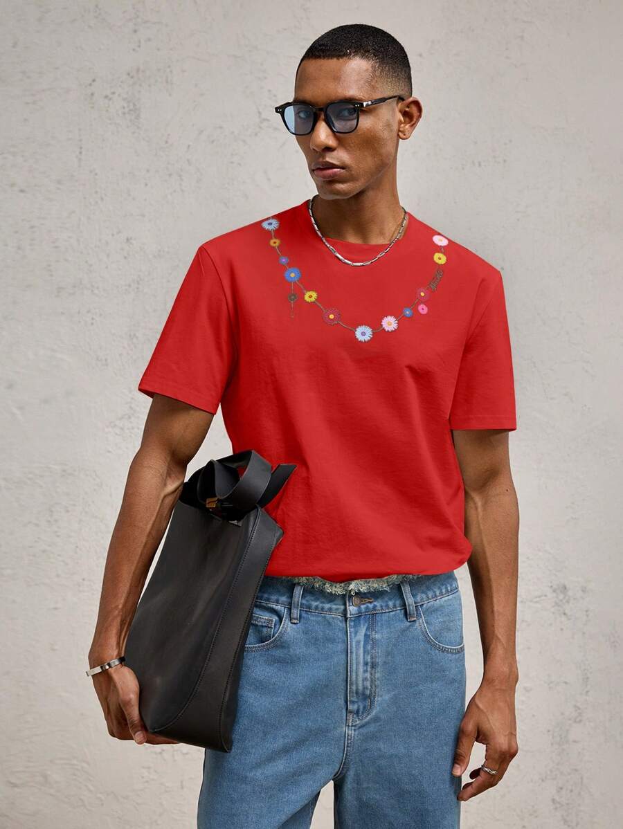 AKNOTIC Party Men's White Floral Print Knit Crew Neck Casual T-Shirt, Suitable For Daily Wear, Spring/Summer, Vacation, Couple - Red - View 1