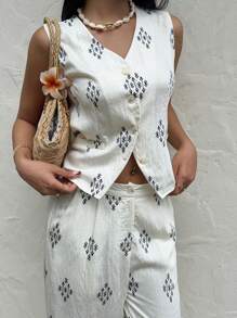 SHEIN Frenchy Conjunto informal de 2 piezas de estampado integral compuesto por top sin mangas y pantalones para vacaciones y estilo bohemio, atuendo de verano y para la playa para mujer