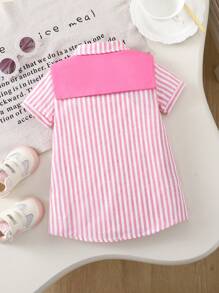 2pcs/Set Baby Girl Cozy Casual Versatile Cute Pink & White Striped Short Sleeve Shirt Dress With Shawl Outfit, Suitable For Indoor, Outdoor, Daily, Sports, Play, Party, Photography, Holiday, Festivals, Spring/Summer