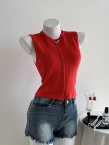 Elamini Women's Sleeveless Cardigan, Solid Color, Fashionable For Summer - Red - View 1