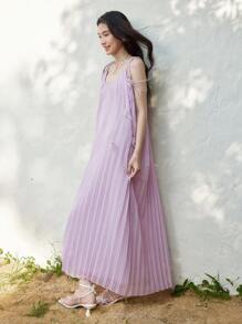 SHEIN LUNE Women's Loose Floral Tie Shoulder Pleated Long Dress Beach Outfits For Woman - Purple - View 6