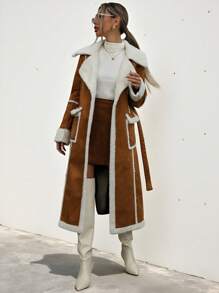Aveloria Modichic 女士冬季保暖夏尔巴衬里绒面革长款大衣，女士冬季休闲腰带，撞色绑带常规袖常规版型多色拼色，纯色女士大衣，冬季保暖/冬季时尚仿皮飞行员夹克，带博格衬里 - 彩色 - 查看 3