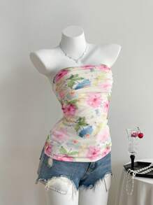 Elamini 女式短款紧身胸衣上衣，褶皱松紧腰带，艺术印花，春夏 - 白色 - 查看 5