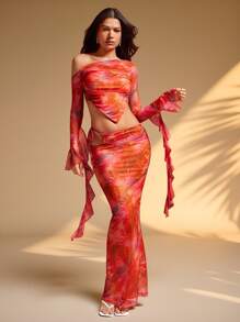 Hauture Vacation Resort Abstract Tropical Print Cut Out Maxi Skirt - Multicolor - View 5