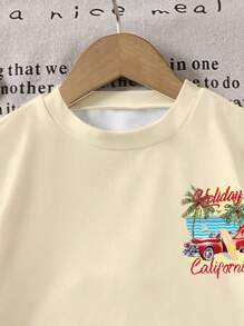 Camiseta casual de manga corta con gráfico de letras y coches vintage, cómoda y versátil, adecuada para todas las estaciones - Estampado de roadster y palmera de playa de verano para niños pequeños