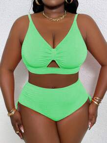 SHEIN Swim Curve Plus Size Women Solid Color Fashion Hollow-Out Vacation Bikini Set For Summer - Mint Green - View 5