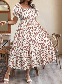 Breezaya Váy họa tiết da báo thời trang, Váy thường ngày phong cách nghỉ dưỡng thon gọn, Váy midi thắt eo tay bèo nhún nữ tính Váy midi kiểu Pháp, Váy tay bồng in họa tiết eo mùa hè mới Váy midi cổ tròn tay ngắn thắt eo họa tiết da báo kiểu Pháp cổ điển, Váy midi duyên dáng thu hẹp tuổi tác cổ tròn cổ tròn tay bồng họa tiết hoa nhỏ nhắn trí thức kiểu Pháp mới, Váy midi mới 2025 - Hồng - Xem 3