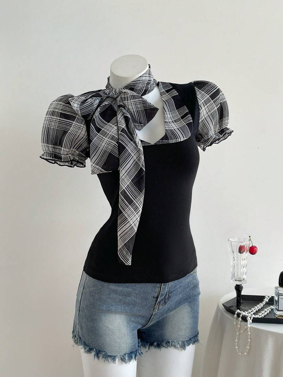 Elamini Women's Puff Sleeve Plaid Tie-Up Splice T-Shirt, Fashion - Black - View 1