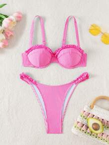 SHEIN Swim 女士沙滩装夏季套装，荷叶边性感条纹沙滩粉色比基尼套装，女士度假风格 - 粉色 - 查看 4