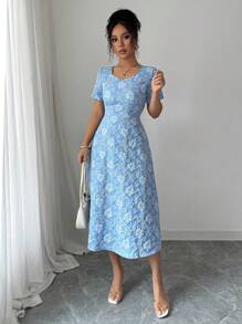 Elenzga 蓝色3D压花面料方领女式短袖A字连衣裙 - 藍色 - 查看 3