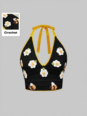 Kawaii Débardeur tricoté femme avec garniture contrastée de crochet à motif floral