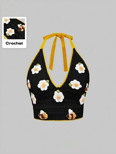 Kawaii Top canotta lavorato a maglia con decorazione floreale e bordi a contrasto per donna