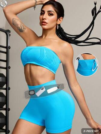 Innovista Conjunto de Shorts e pochete ativista feminina sem costura 2 em 1, Shorts respirável e de alta elasticidade para academia, ajuste de cintura alta e controle da barriga, modelagem de roupas de ginástica, estampa dinâmica, conjunto único de fitness, camada base, pickleball, pochete, azul, equipamento de primavera/verão, cinturão de emagrecimento, Shorts de ciclista