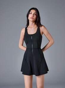 Menodora SHEIN Sport Movishi Anti-UV Women's Casual Black Knitted Sleeveless Scoop Neck Short Jumpsuit With Zipper Detail - Black - View 5
