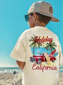 Camiseta casual de manga corta con gráfico de letras y coches vintage, cómoda y versátil, adecuada para todas las estaciones - Estampado de roadster y palmera de playa de verano para niños pequeños