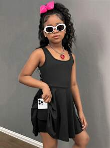 SHEIN Leap Crew Tween Girls' Black Fitted Jumpsuit, Sporty Casual Versatile Fashion - Black - View 1