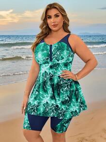 SHEIN Swim Curve 加大码女式扎染印花比基尼套装，吊带背心式海滩泳衣 - 綠色 - 查看 3