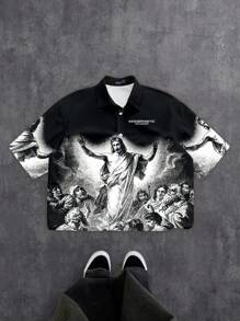 Manfinity ZONE917 Street Religion Gothic Jesus Missionary Scene All-Over Print Cropped Shirt Men's Cropped Tops