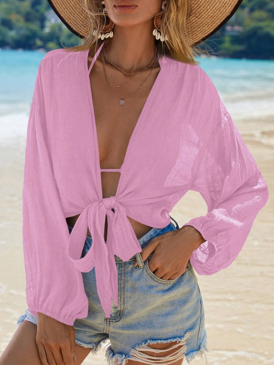 Swim Vcay Women's Summer Vacation Front-Tie Lantern Sleeve Short Kimono Cover Up - Baby Pink - View 1