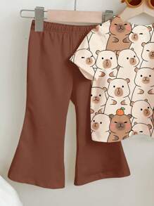SHEIN Happikins Cute Capybara Print, Maillard Color, Baby Girl Casual Minimalist Short Sleeve Crew Neck T-Shirt & Flare Pants Set, Suitable For Spring/Summer - Multicolor - View 4